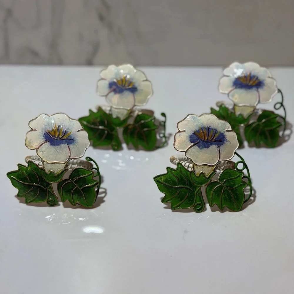 Vintage Hand Painted Metal Floral Napkin Rings Set of 4
